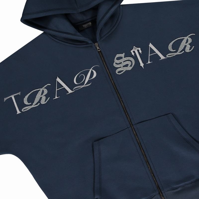 Dresy Męskie Trapstar Script Zip Hoodie Granatowe | ENPAOQ-678