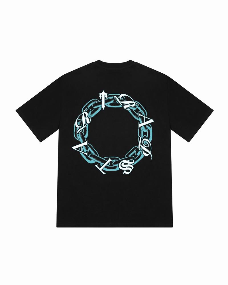 Koszulki Męskie Trapstar Chain Script Tee Czarne Turkusowe | DITSPH-167